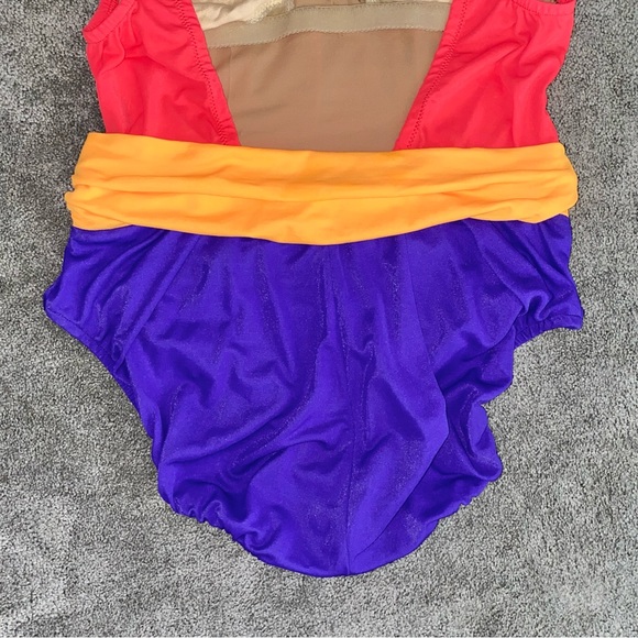 L 12 VTG Le Cove 90’s Neon Colorblock Low Back One Piece Ruched Swimsuit - Picture 8 of 12